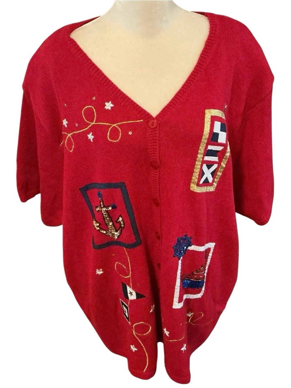 Susan Graver 3X NWT Nautical Beaded Sequin Cardigan Coastal Ramie Cotton